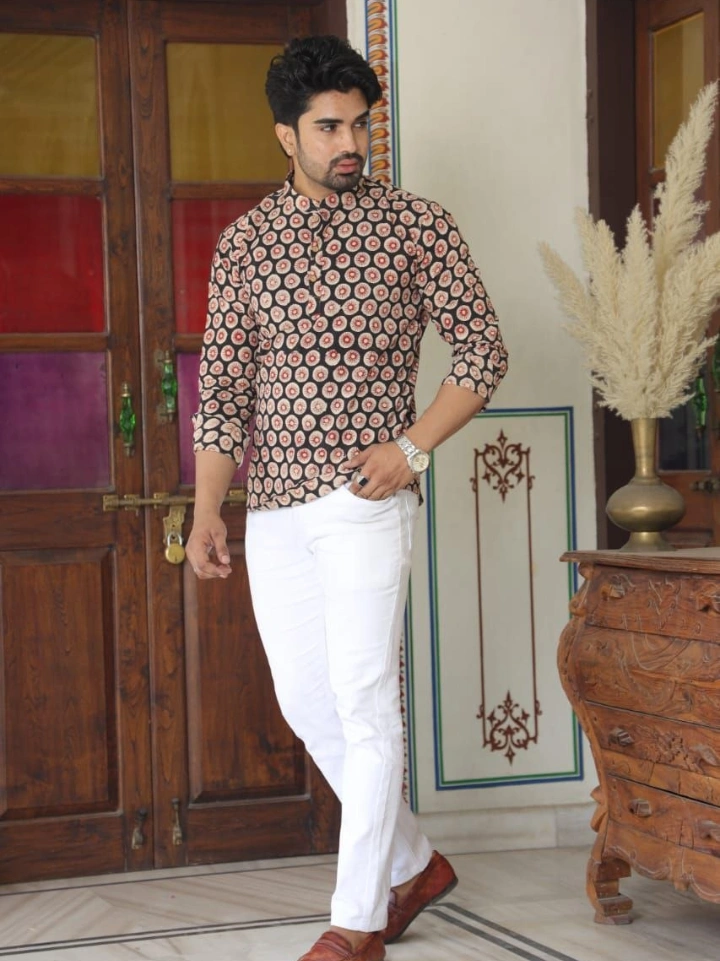 Dark brown floral block printed short kurta for men — pure cotton, Bagru | SA Fab
