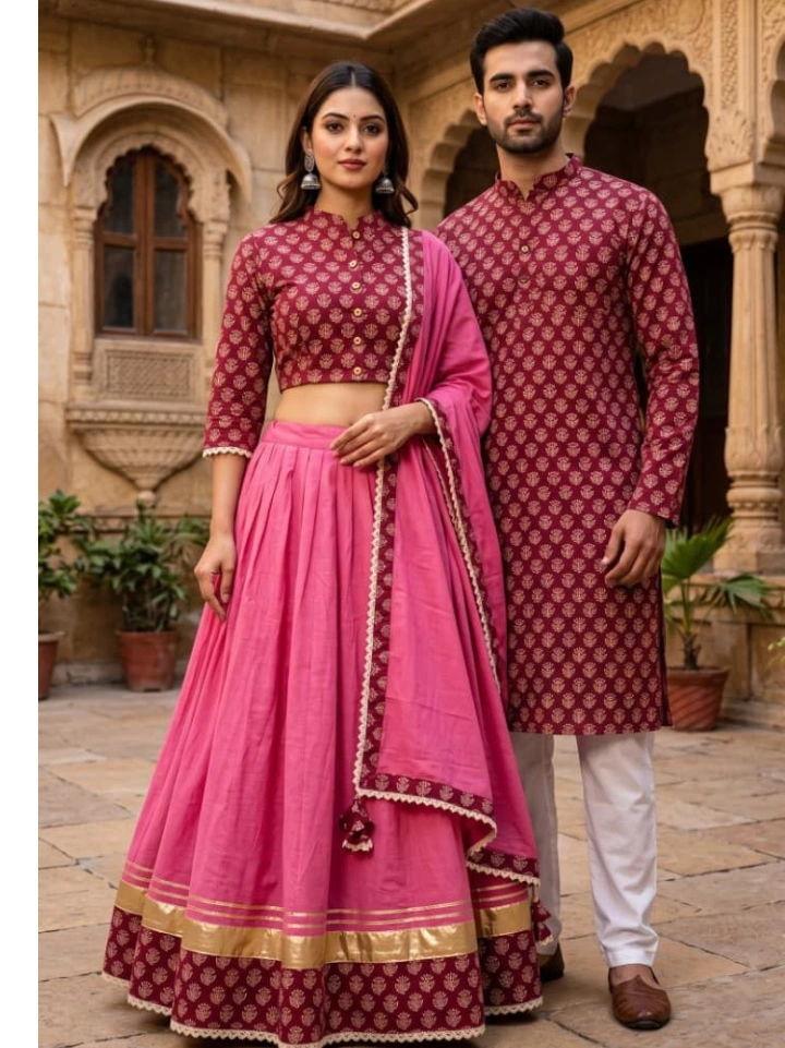 Pink and burgundy motif print couple matching outfit — pure cotton lehenga, dupatta, choli and matching kurta | SA Fab