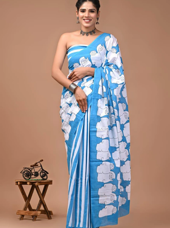 Sky blue puppet face motif hand block printed pure cotton saree – Bagru Jaipur Rajasthan | SA Fab