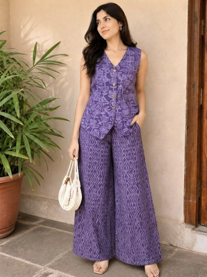 Muted purple Kalamkari-style floral waistcoat top for women with geometric palazzo — pure cotton Bagru Jaipur SA Fab