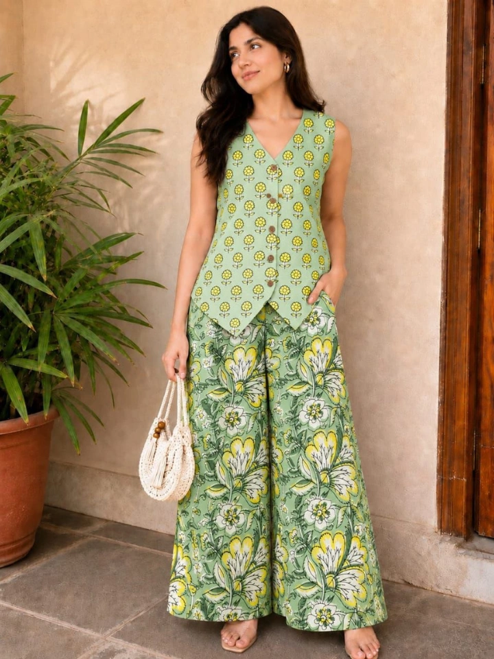 Pale sage green ethnic waistcoat for ladies with small motif print and floral palazzo — pure cotton Bagru Jaipur SA Fab