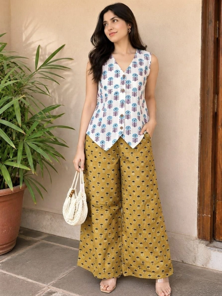 White motif print waistcoat with golden dotted palazzo โ pure cotton hand block printed set Bagru Jaipur SA Fab