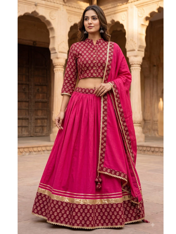 Red wine small motif block printed chaniya choli garba set — pure cotton lehenga with crop top and dupatta SA Fab