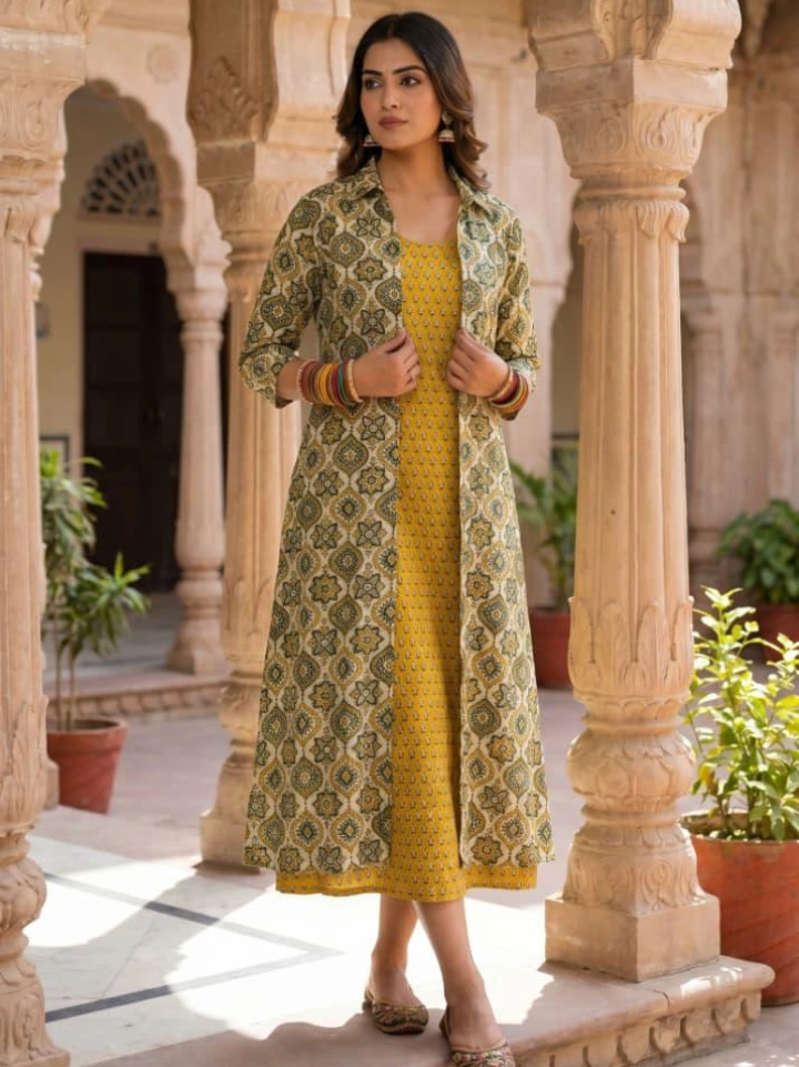 dark gold midi dress with small motif print and beige block printed shrug — pure cotton hand block printed Bagru SA Fab
