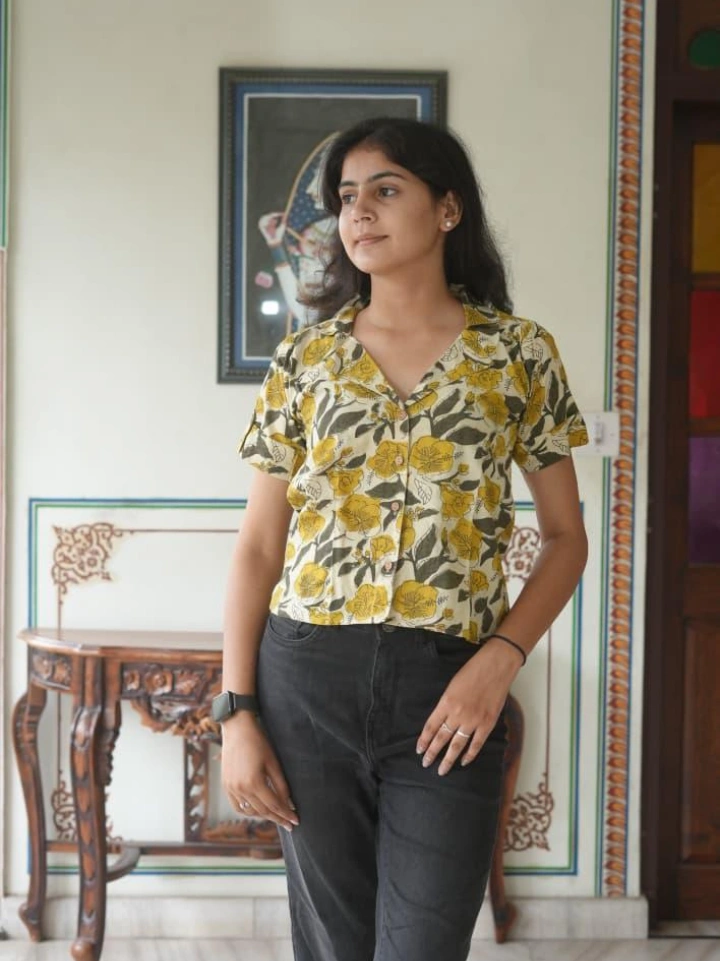Beige floral block printed shirt top for women — pure cotton half sleeve Bagru top SA Fab