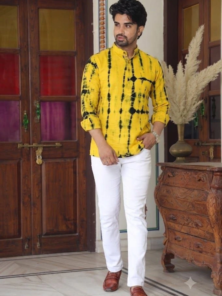 Yellow tie-dye print short kurta for men — pure cotton, Bagru | SA Fab