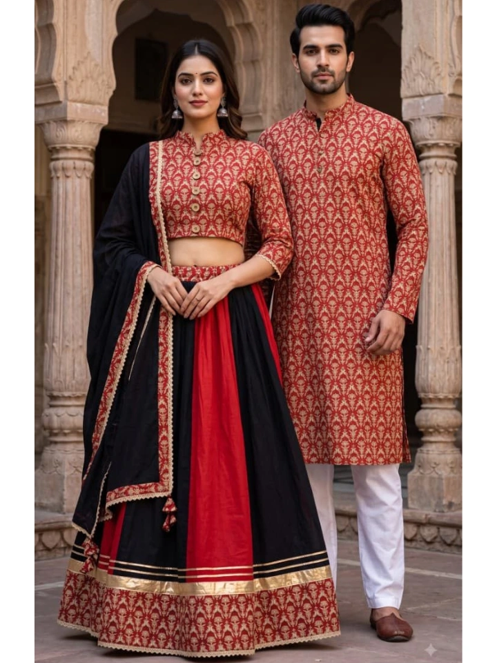 Black and brick red block printed couple matching outfits for traditional wedding โ cotton lehenga choli and matching kurta | SA Fab