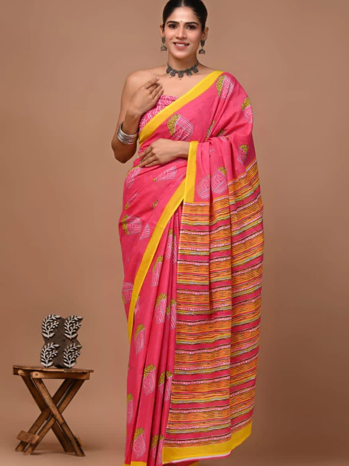 Pink popcorn tub motif hand block printed pure cotton saree – Bagru Jaipur Rajasthan | SA Fab