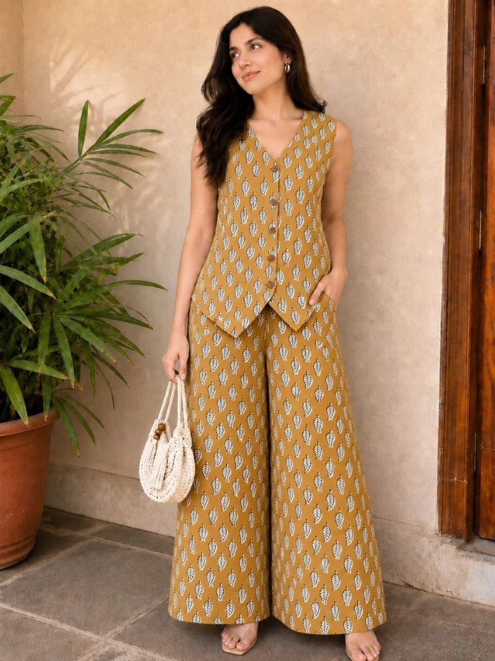 Moderate orange vintage waistcoat womens with small motif print and matching palazzo — pure cotton Bagru Jaipur SA Fab