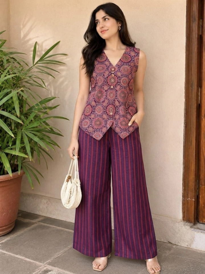 Magenta Heritage Boota Waistcoat + Striped Palazzo Set