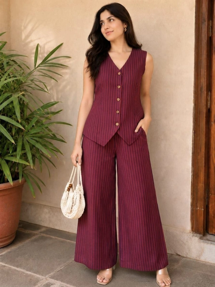Maroon striped waistcoat with matching palazzo — pure cotton hand block printed Bagru Jaipur SA Fab
