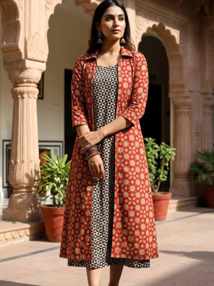 black geometric print midi dress with red floral block printed shrug โ pure cotton hand block printed Bagru SA Fab