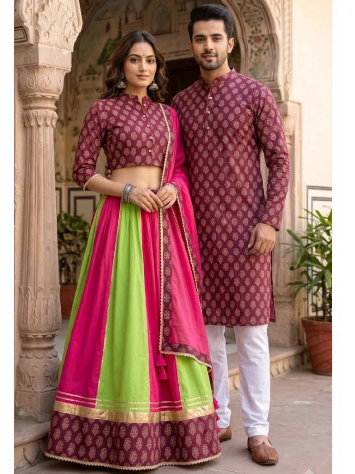 Bright pink and deep magenta motif print couple matching outfits for photoshoot โ cotton lehenga choli and matching kurta | SA Fab