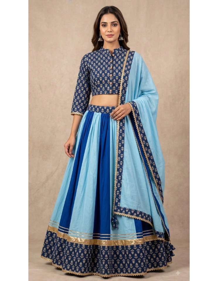 Light blue cyan chaniya choli with indigo small motif print crop top and tassel dupatta — pure cotton SA Fab