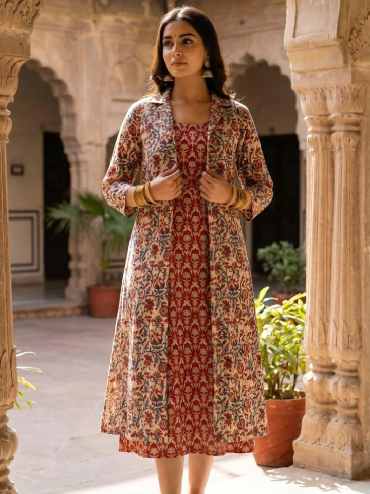 red motif print midi dress with white floral block printed shrug — pure cotton hand block printed Bagru SA Fab