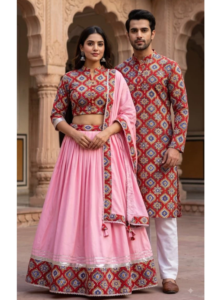 Pastel pink and red boota print matching wedding outfits for couples โ cotton lehenga choli and matching kurta | SA Fab