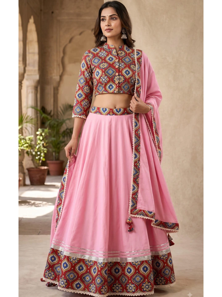 Pink traditional print chaniya choli — pure cotton block printed lehenga with matching crop top and dupatta SA Fab