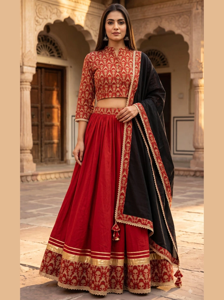 Deep red small motif block printed chaniya choli for wedding with black contrast dupatta — pure cotton SA Fab