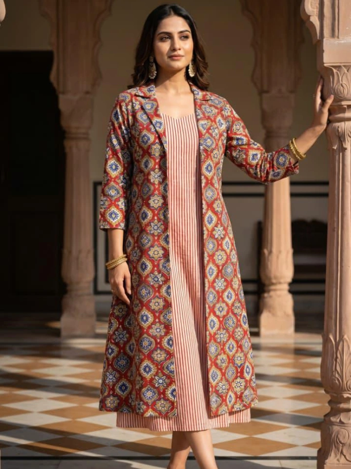 terracotta striped midi dress with red traditional Mughal print shrug โ pure cotton hand block printed Bagru SA Fab