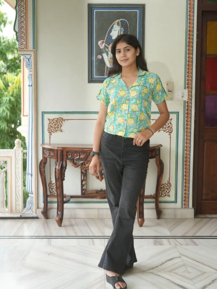 Sea green floral block printed shirt style top — pure cotton half sleeve Bagru top SA Fab