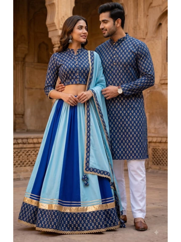 Indigo motif print matching dress for couple Indian — pure cotton lehenga, dupatta, choli and matching kurta | SA Fab
