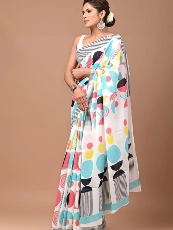 White geometric motif hand block printed pure cotton saree – Bagru Jaipur Rajasthan | SA Fab