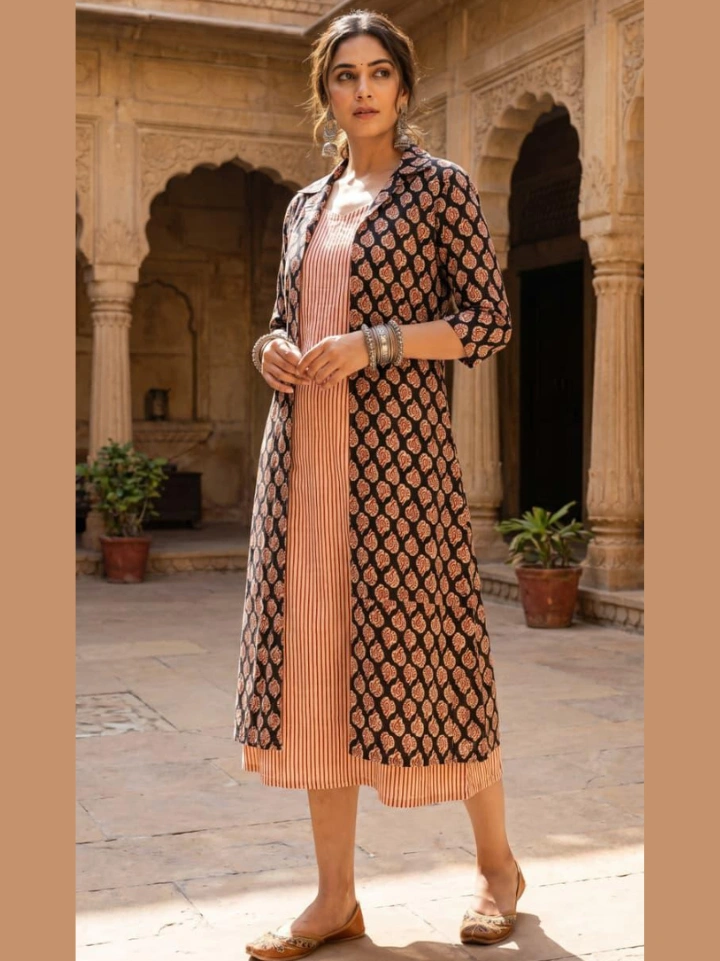 terracotta striped midi dress with black small motif block printed shrug โ pure cotton hand block printed Bagru SA Fab