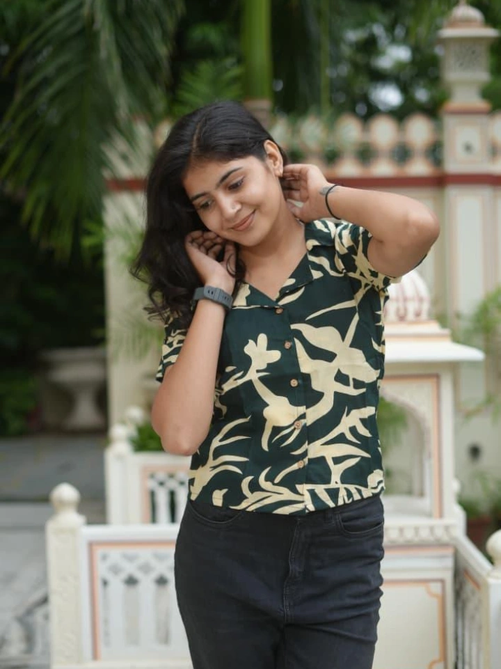 Black camouflage style block printed crop top shirt — pure cotton half sleeve Bagru print SA Fab