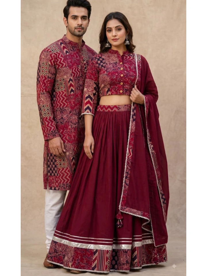 Maroon patch print engagement couple matching dress Indian โ pure cotton lehenga choli and matching kurta | SA Fab