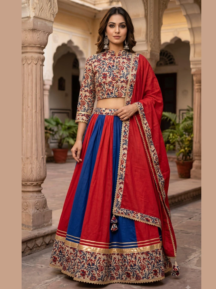 Berry plain chaniya choli for Navratri with beige floral crop top and berry dupatta โ pure cotton SA Fab