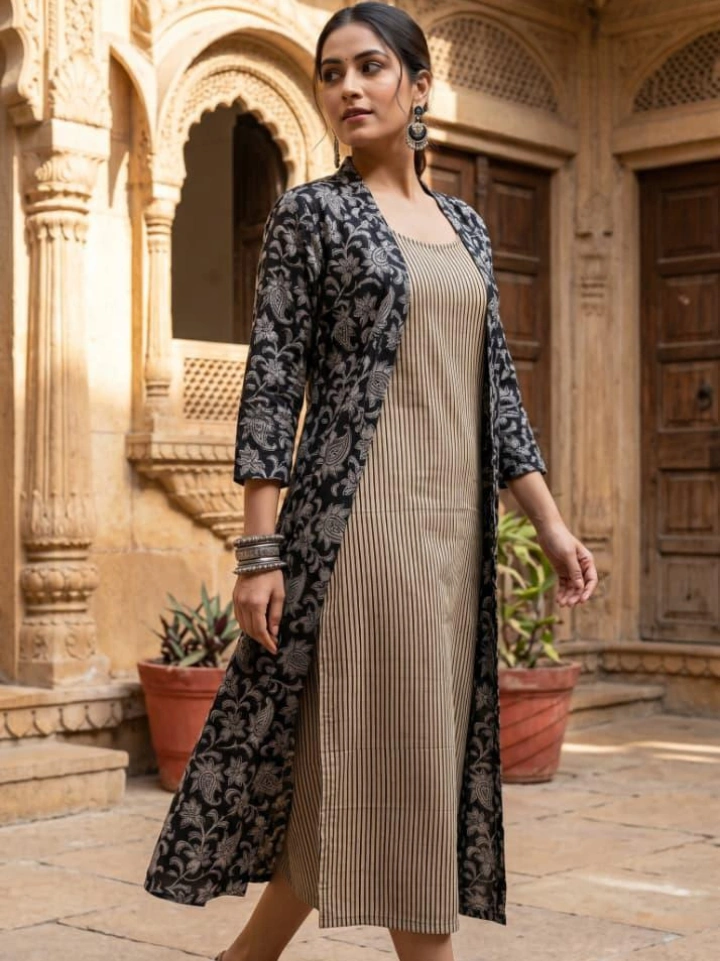 terracotta striped midi dress with black floral print shrug โ pure cotton hand block printed Bagru SA Fab