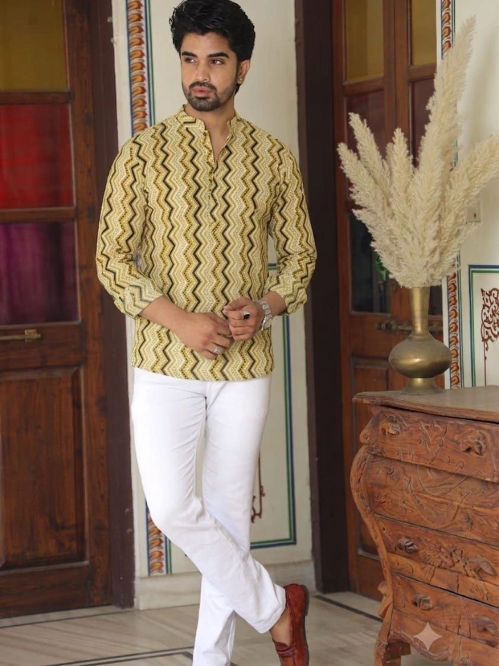 Beige zig zag printed short kurta for men โ pure cotton, Bagru | SA Fab