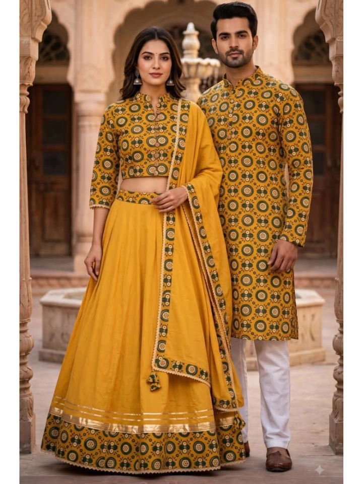 Golden orange geometric block printed lehenga choli and matching kurta — pure cotton marriage couple matching dress SA Fab