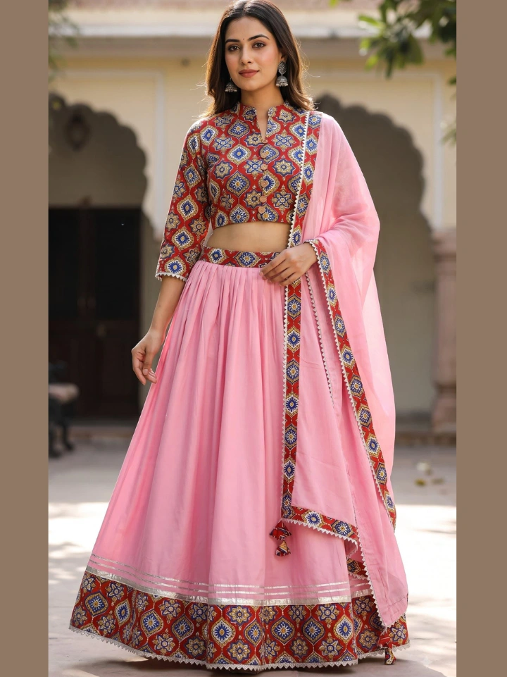 Soft pink Gujarati chaniya choli with red boota print crop top and dupatta โ pure cotton block printed SA Fab