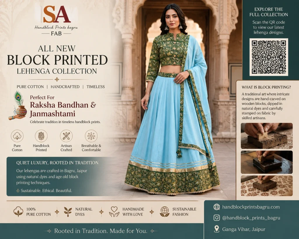 hand block printed cotton ghagra choli lehenga gopi dress Krishna Janmashtami 2026 Bagru artisan SA Fab