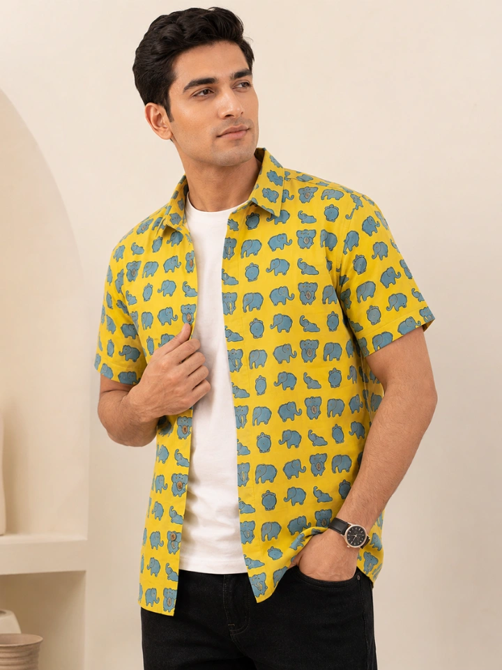 Yellow elephant print half sleeve shirt โ pure cotton festive hand block printed in Bagru, Jaipur | SA Fab